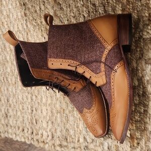 Elegant Brown Leather and Tweed Men's Boots